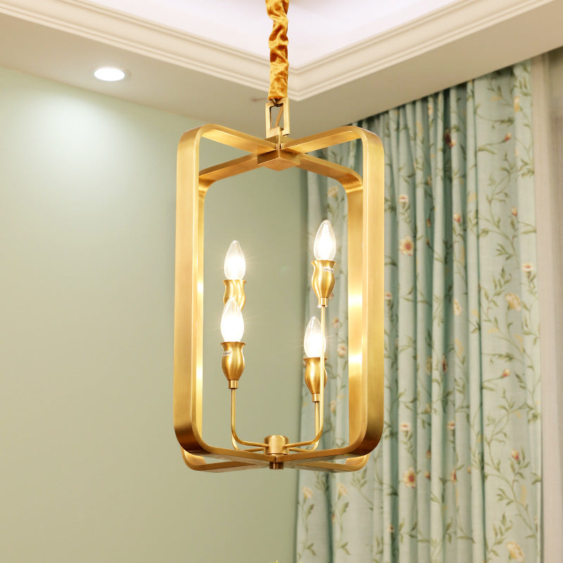 Colonial Round/Square Hanging Chandelier Metal 4 Bulbs Suspension Light in Gold for Dining Room Clearhalo 'Ceiling Lights' 'Chandeliers' Lighting' options 233885