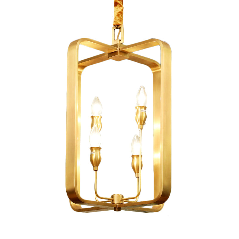 Colonial Round/Square Hanging Chandelier Metal 4 Bulbs Suspension Light in Gold for Dining Room Clearhalo 'Ceiling Lights' 'Chandeliers' Lighting' options 233886