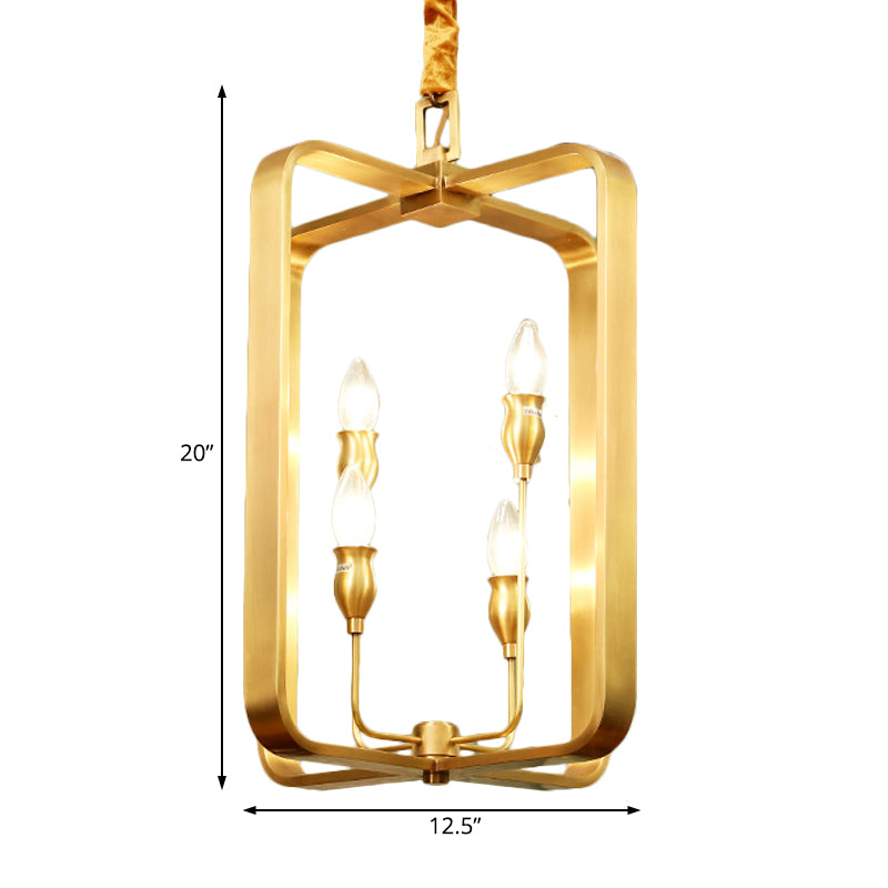 Colonial Round/Square Hanging Chandelier Metal 4 Bulbs Suspension Light in Gold for Dining Room Clearhalo 'Ceiling Lights' 'Chandeliers' Lighting' options 233887