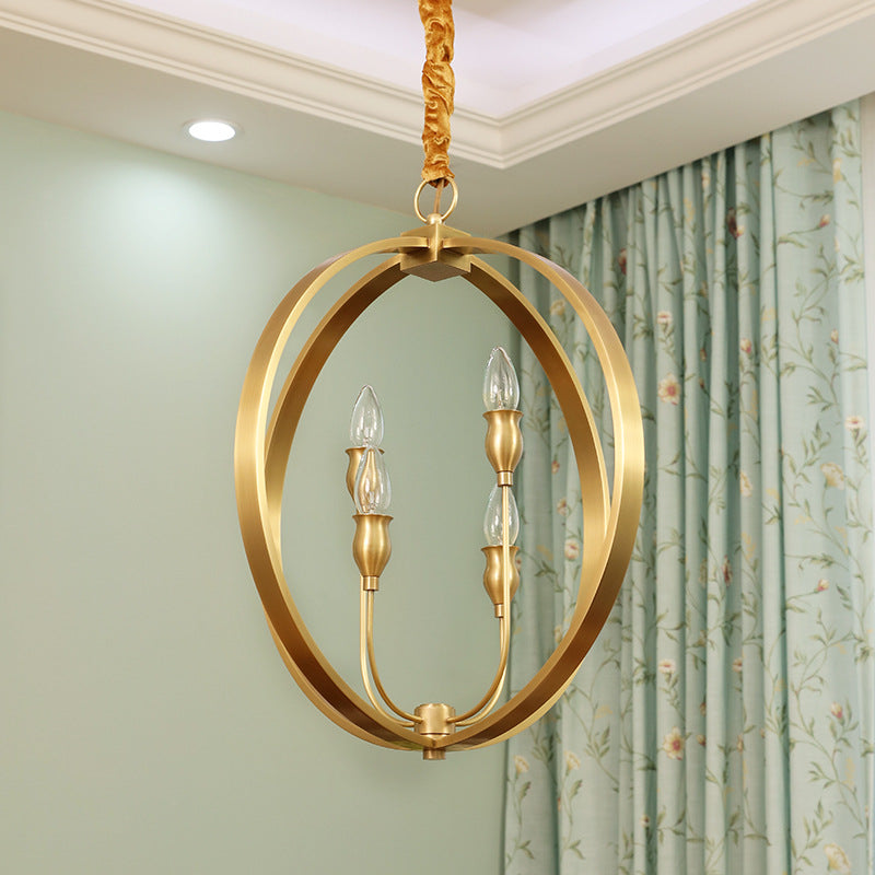 Colonial Round/Square Hanging Chandelier Metal 4 Bulbs Suspension Light in Gold for Dining Room Clearhalo 'Ceiling Lights' 'Chandeliers' Lighting' options 233888