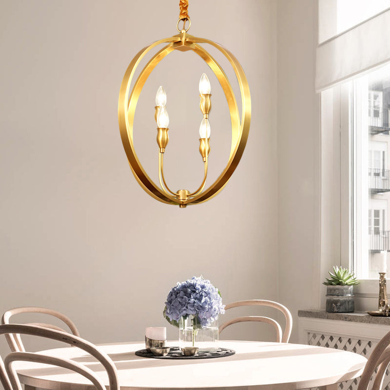 Colonial Round/Square Hanging Chandelier Metal 4 Bulbs Suspension Light in Gold for Dining Room Clearhalo 'Ceiling Lights' 'Chandeliers' Lighting' options 233889