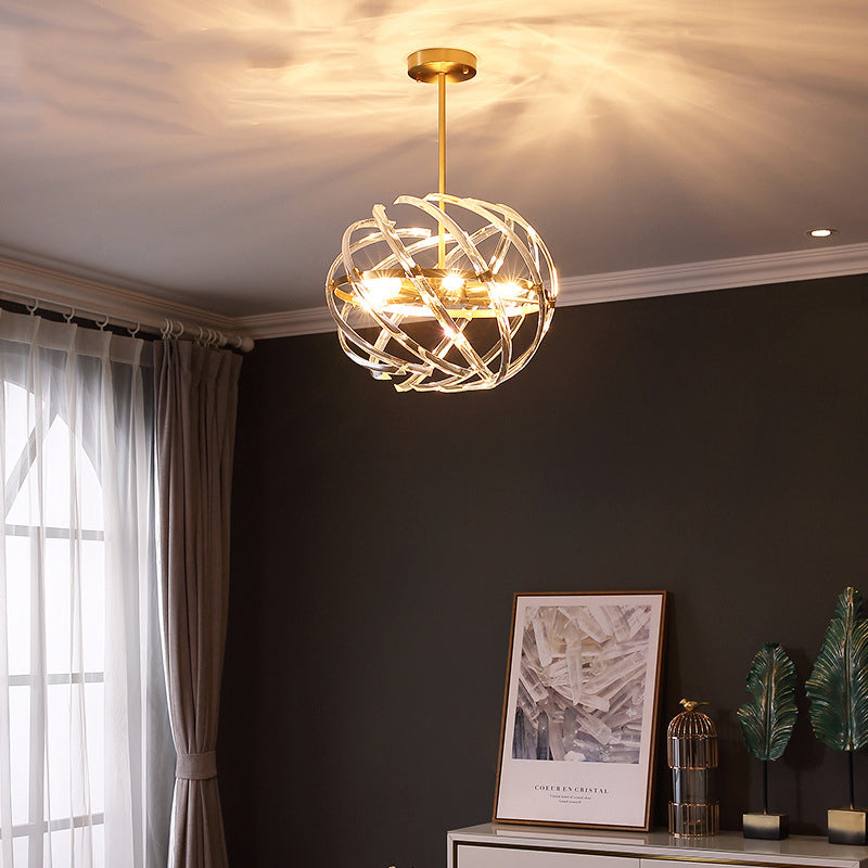 Contemporary Sphere Hanging Chandelier Metal 6 Bulbs Suspension Light in Gold with Crystal Tube Cage for Dining Room Gold Clearhalo 'Ceiling Lights' 'Chandeliers' Lighting' options 233898_c2d015d9-8a36-4838-937f-6787d637822d