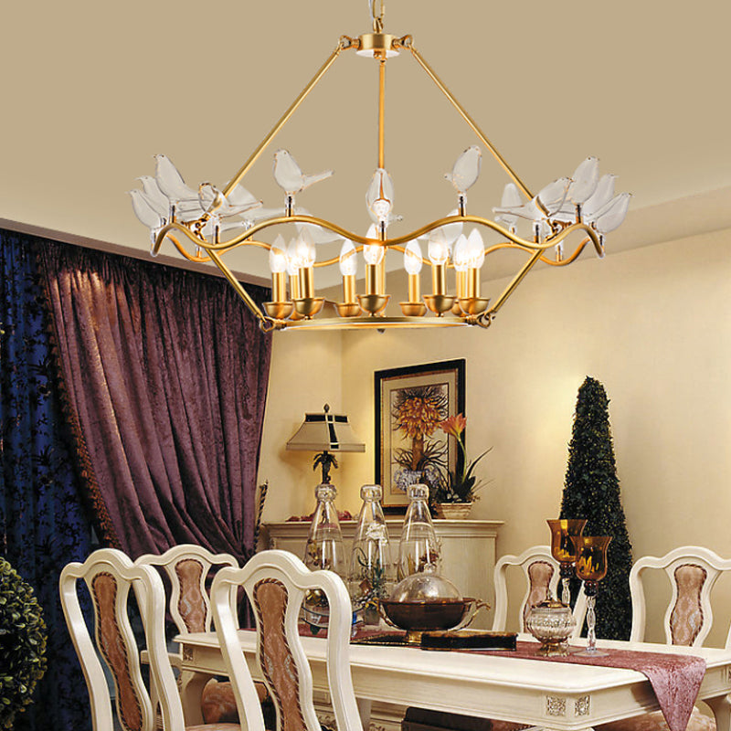 Metal Flower Basket Chandelier Lamp Modern 9 Bulbs Gold Pendant Lighting Fixture with Clear Glass Bird Clearhalo 'Ceiling Lights' 'Chandeliers' Lighting' options 233924