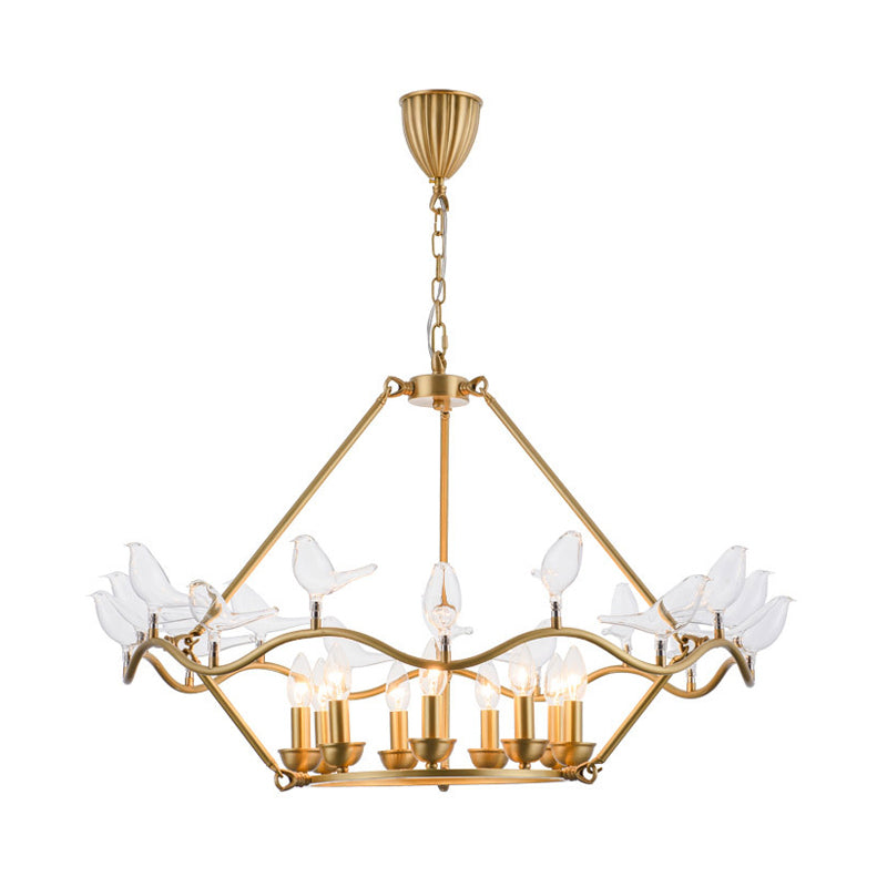 Metal Flower Basket Chandelier Lamp Modern 9 Bulbs Gold Pendant Lighting Fixture with Clear Glass Bird Clearhalo 'Ceiling Lights' 'Chandeliers' Lighting' options 233926