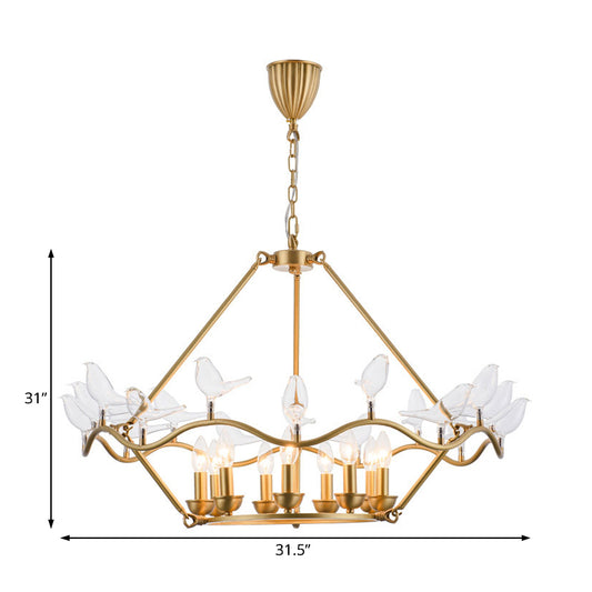 Metal Flower Basket Chandelier Lamp Modern 9 Bulbs Gold Pendant Lighting Fixture with Clear Glass Bird Clearhalo 'Ceiling Lights' 'Chandeliers' Lighting' options 233927