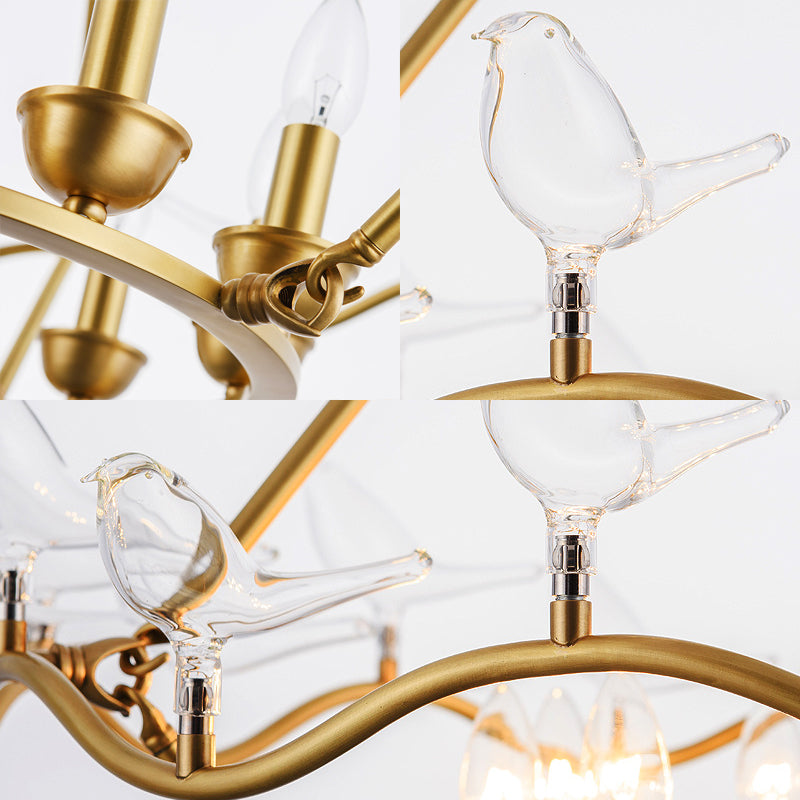 Metal Flower Basket Chandelier Lamp Modern 9 Bulbs Gold Pendant Lighting Fixture with Clear Glass Bird Clearhalo 'Ceiling Lights' 'Chandeliers' Lighting' options 233928