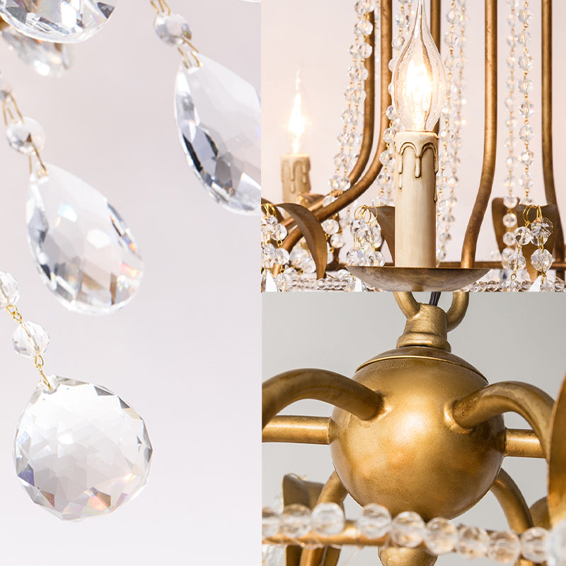 Spur Pendant Chandelier Traditional Metal 6 Bulbs Gold Hanging Ceiling Light with Crystal Drop Clearhalo 'Ceiling Lights' 'Chandeliers' Lighting' options 233982