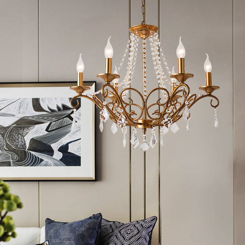 Modernism Sputnik Chandelier Metal 6 Heads Hanging Light Fixture in Gold with Crystal Drop Clearhalo 'Ceiling Lights' 'Chandeliers' Lighting' options 233984