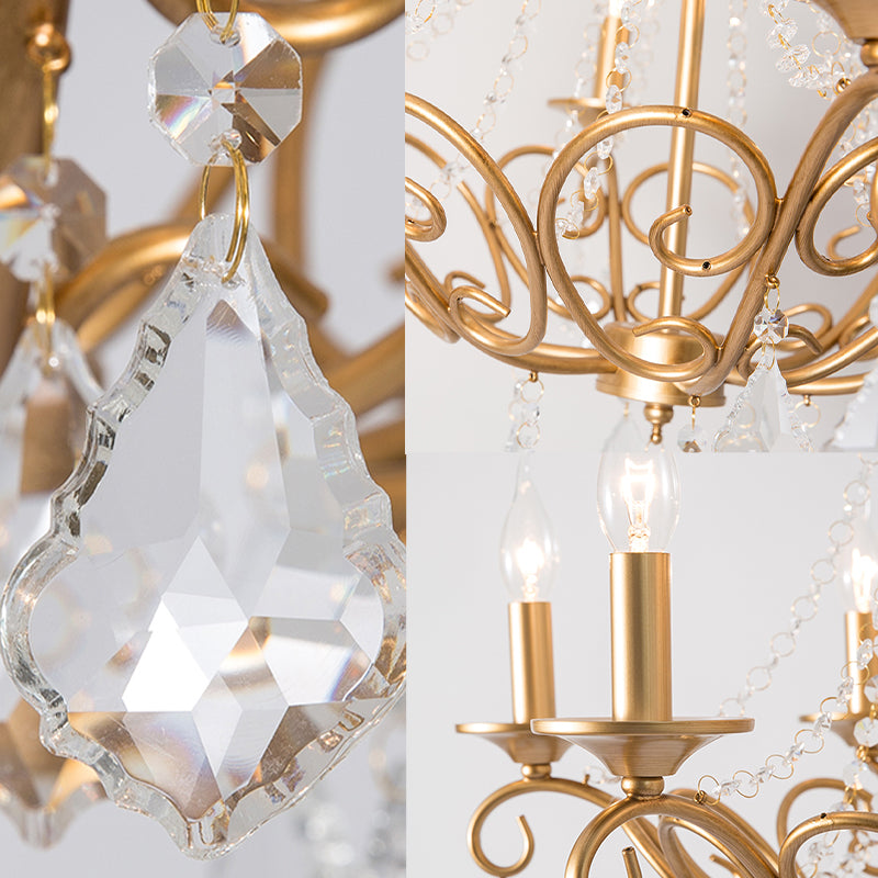 Modernism Sputnik Chandelier Metal 6 Heads Hanging Light Fixture in Gold with Crystal Drop Clearhalo 'Ceiling Lights' 'Chandeliers' Lighting' options 233987