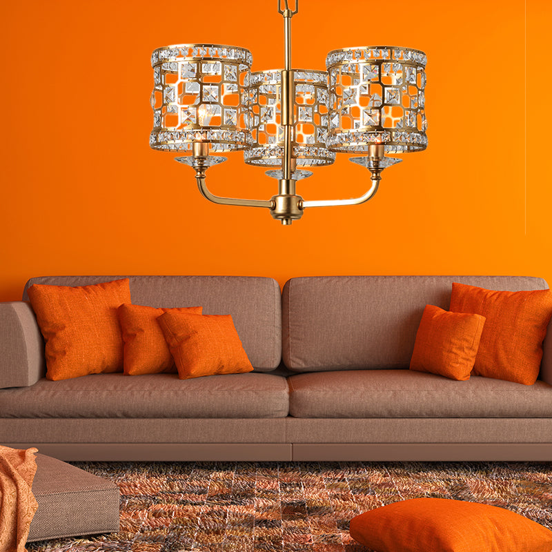 Crystal Cylindrical Chandelier Modern 3 Heads Gold Pendant Lighting Fixture for Living Room Gold Clearhalo 'Ceiling Lights' 'Chandeliers' Lighting' options 233988_be5d9738-3215-4c9d-b8a7-b1adce96ae8a