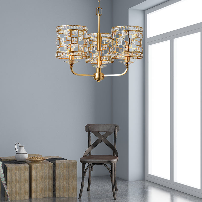 Crystal Cylindrical Chandelier Modern 3 Heads Gold Pendant Lighting Fixture for Living Room Clearhalo 'Ceiling Lights' 'Chandeliers' Lighting' options 233989