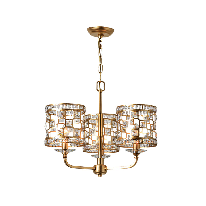 Crystal Cylindrical Chandelier Modern 3 Heads Gold Pendant Lighting Fixture for Living Room Clearhalo 'Ceiling Lights' 'Chandeliers' Lighting' options 233990