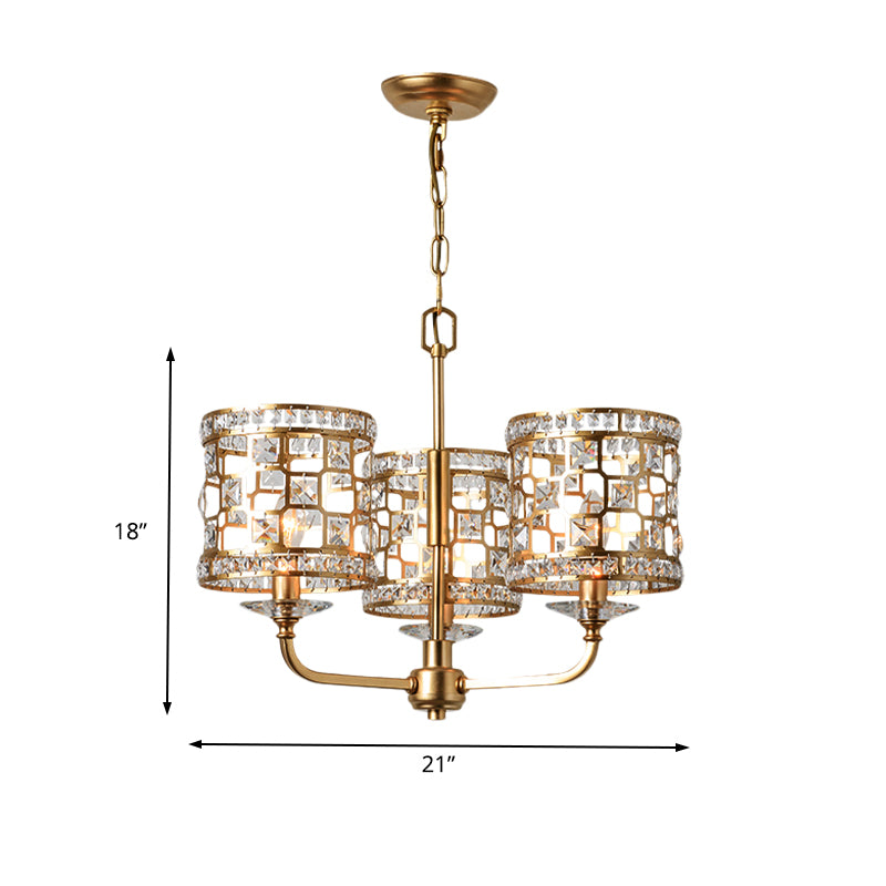 Crystal Cylindrical Chandelier Modern 3 Heads Gold Pendant Lighting Fixture for Living Room Clearhalo 'Ceiling Lights' 'Chandeliers' Lighting' options 233991