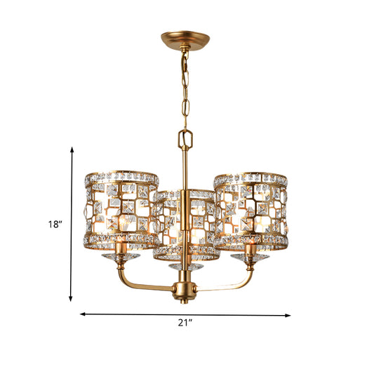 Crystal Cylindrical Chandelier Modern 3 Heads Gold Pendant Lighting Fixture for Living Room Clearhalo 'Ceiling Lights' 'Chandeliers' Lighting' options 233991