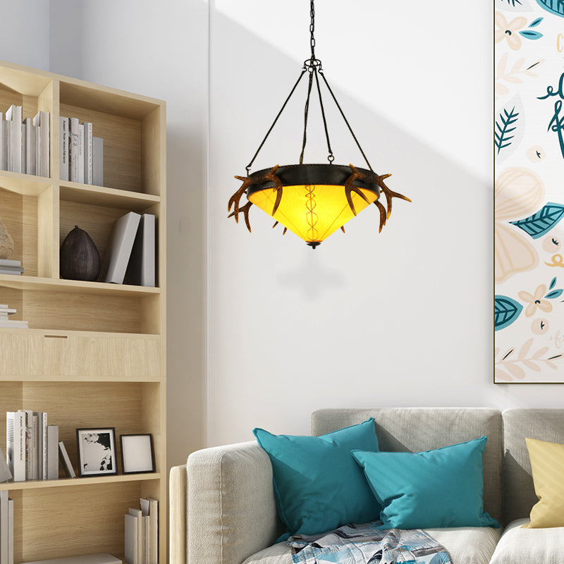 Traditional Cone Shaped Hanging Lamp 3 Bulbs Fabric Chandelier Light Fixture in White/Yellow for Living Room Yellow Clearhalo 'Ceiling Lights' 'Chandeliers' Lighting' options 233992_a43ebbde-3bbb-4d29-a7e7-b928345b5357