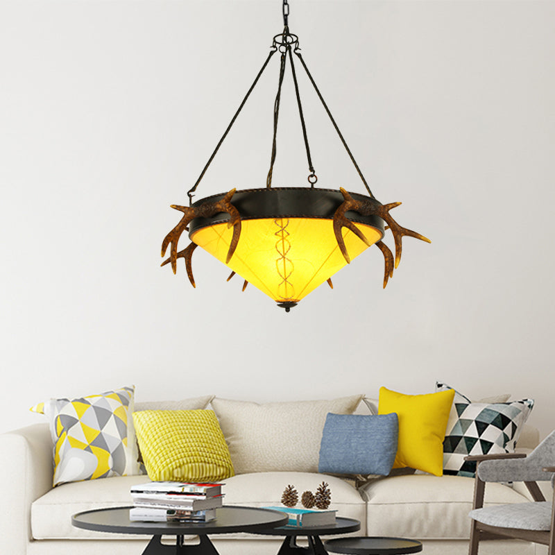 Traditional Cone Shaped Hanging Lamp 3 Bulbs Fabric Chandelier Light Fixture in White/Yellow for Living Room Clearhalo 'Ceiling Lights' 'Chandeliers' Lighting' options 233993