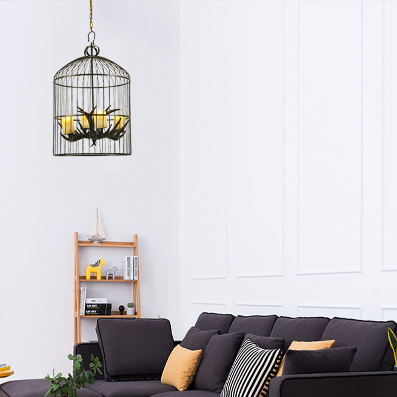 4 Lights Metal Chandelier Lamp Rustic Black Birdcage Living Room Down Lighting Pendant with Frosted Glass Shade Black Clearhalo 'Ceiling Lights' 'Chandeliers' Lighting' options 234001_7edf6d5c-9343-4b6d-bd8c-cfd2956c05bf