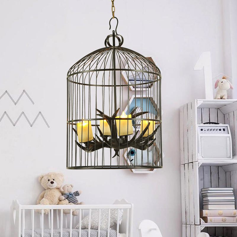 4 Lights Metal Chandelier Lamp Rustic Black Birdcage Living Room Down Lighting Pendant with Frosted Glass Shade Clearhalo 'Ceiling Lights' 'Chandeliers' Lighting' options 234002