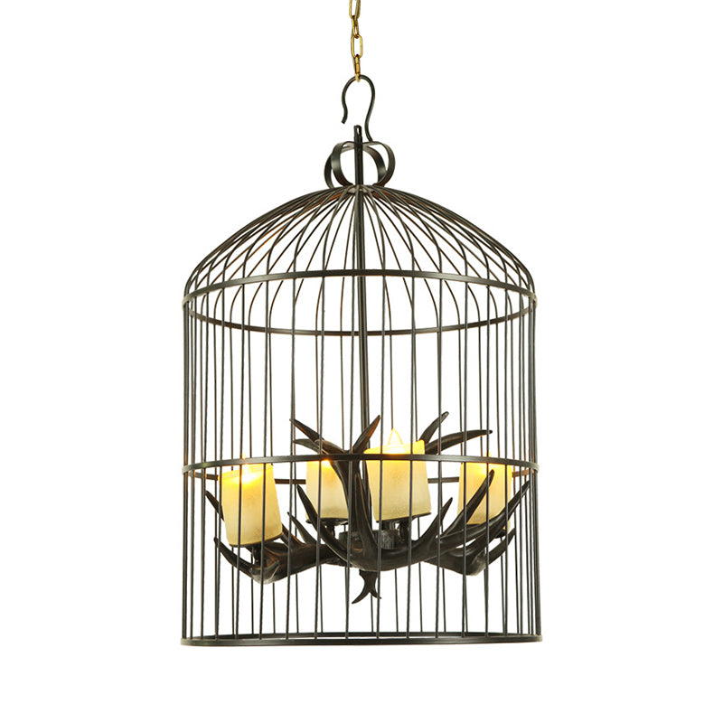 4 Lights Metal Chandelier Lamp Rustic Black Birdcage Living Room Down Lighting Pendant with Frosted Glass Shade Clearhalo 'Ceiling Lights' 'Chandeliers' Lighting' options 234003
