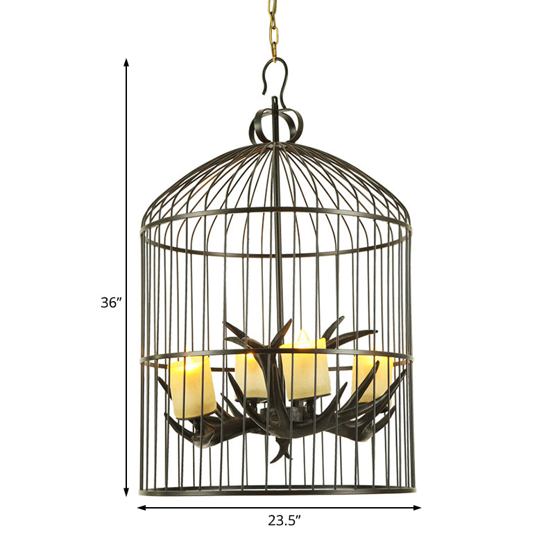 4 Lights Metal Chandelier Lamp Rustic Black Birdcage Living Room Down Lighting Pendant with Frosted Glass Shade Clearhalo 'Ceiling Lights' 'Chandeliers' Lighting' options 234004