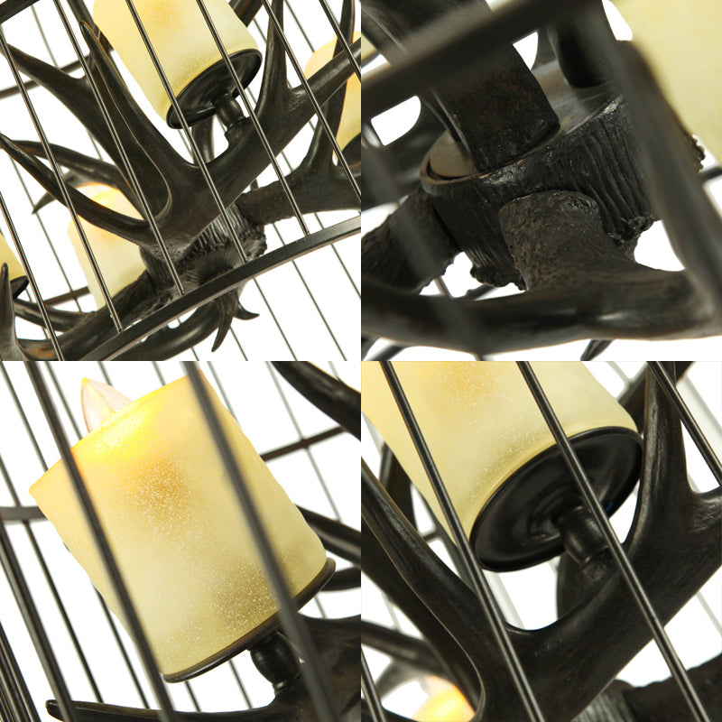 4 Lights Metal Chandelier Lamp Rustic Black Birdcage Living Room Down Lighting Pendant with Frosted Glass Shade Clearhalo 'Ceiling Lights' 'Chandeliers' Lighting' options 234005