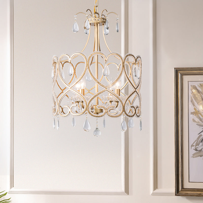 Gold Cylinder Chandelier Lighting Nordic Crystal 4 Bulbs Hanging Ceiling Light with Teardrop Gold Clearhalo 'Ceiling Lights' 'Chandeliers' Lighting' options 234039_5944a9ca-316d-451f-90f2-195df95e8cd7
