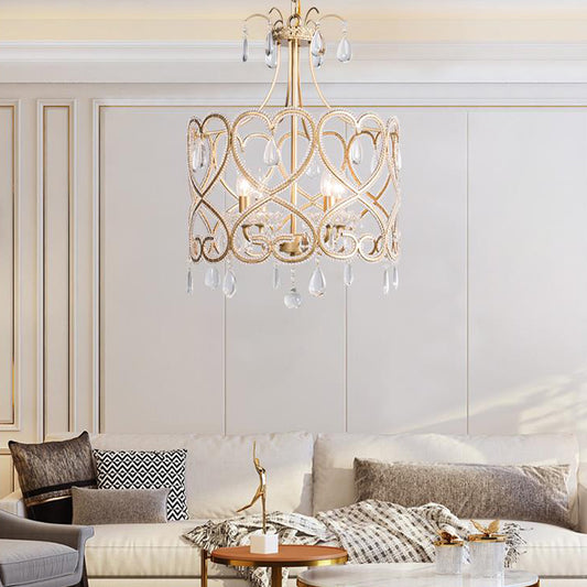 Gold Cylinder Chandelier Lighting Nordic Crystal 4 Bulbs Hanging Ceiling Light with Teardrop Clearhalo 'Ceiling Lights' 'Chandeliers' Lighting' options 234040