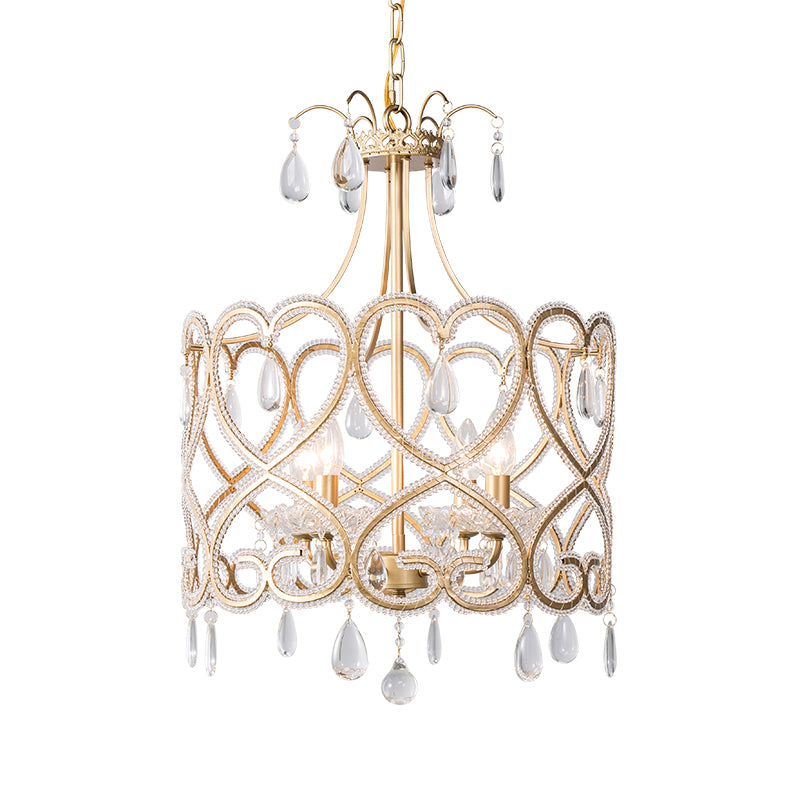 Gold Cylinder Chandelier Lighting Nordic Crystal 4 Bulbs Hanging Ceiling Light with Teardrop Clearhalo 'Ceiling Lights' 'Chandeliers' Lighting' options 234041