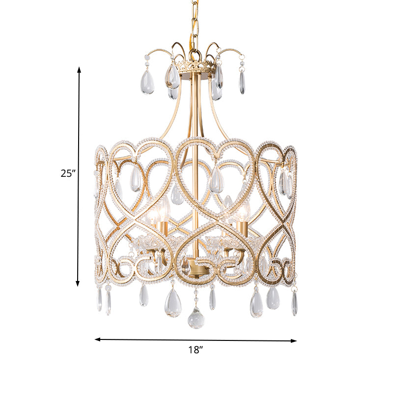Gold Cylinder Chandelier Lighting Nordic Crystal 4 Bulbs Hanging Ceiling Light with Teardrop Clearhalo 'Ceiling Lights' 'Chandeliers' Lighting' options 234042