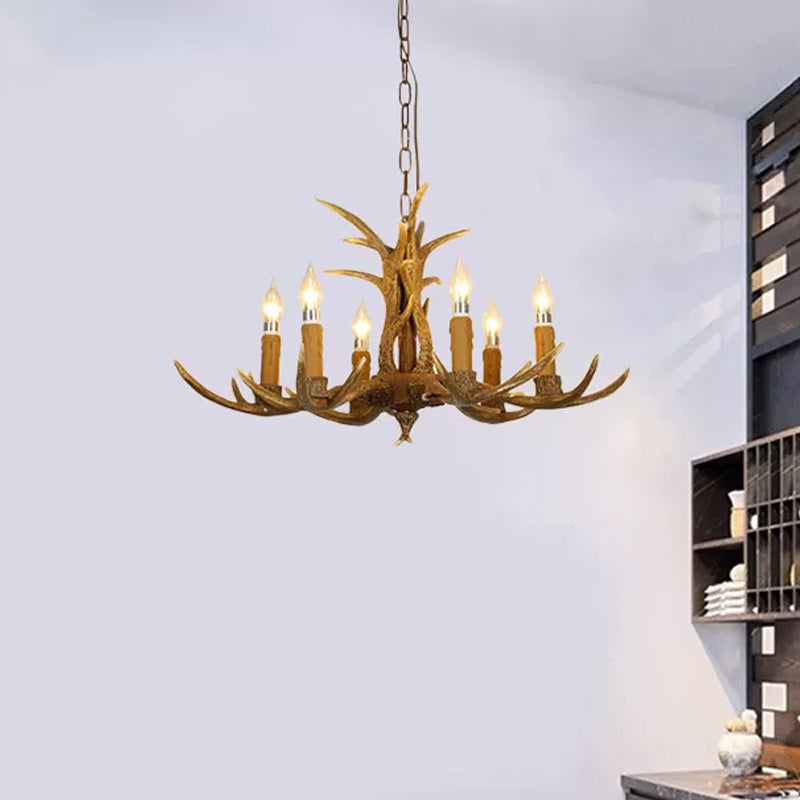 4/6/8 Heads Resin Chandelier Rustic Brown Candle Dining Room Pendant Light with Deer Antler 6 Brown Clearhalo 'Ceiling Lights' 'Chandeliers' Lighting' options 234043_4fb145f3-9ade-40d4-868a-5c1f1ced8677