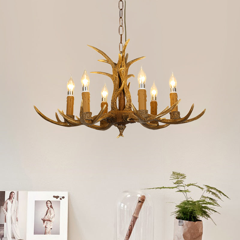 4/6/8 Heads Resin Chandelier Rustic Brown Candle Dining Room Pendant Light with Deer Antler Clearhalo 'Ceiling Lights' 'Chandeliers' Lighting' options 234044