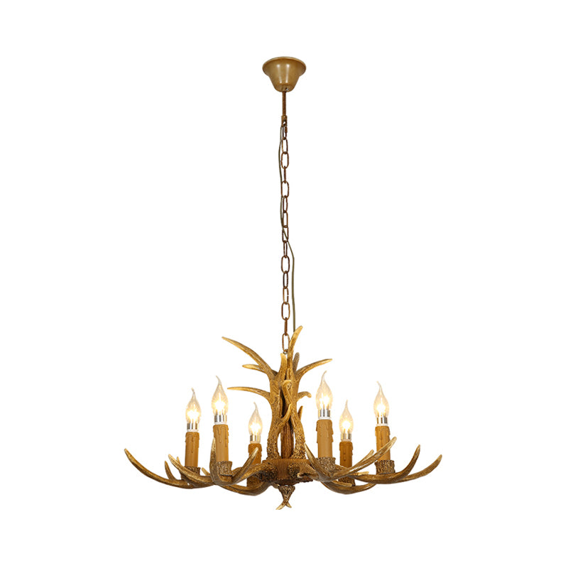 4/6/8 Heads Resin Chandelier Rustic Brown Candle Dining Room Pendant Light with Deer Antler Clearhalo 'Ceiling Lights' 'Chandeliers' Lighting' options 234045