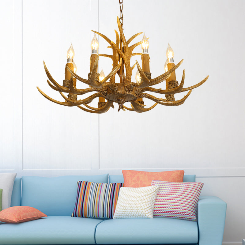4/6/8 Heads Resin Chandelier Rustic Brown Candle Dining Room Pendant Light with Deer Antler 8 Brown Clearhalo 'Ceiling Lights' 'Chandeliers' Lighting' options 234047_b51dcea3-622f-41c0-a075-c3e1fec49fa9