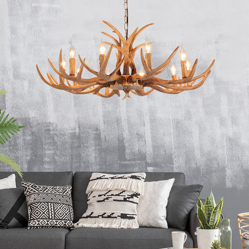 4/6/8 Heads Resin Chandelier Rustic Brown Candle Dining Room Pendant Light with Deer Antler Clearhalo 'Ceiling Lights' 'Chandeliers' Lighting' options 234051