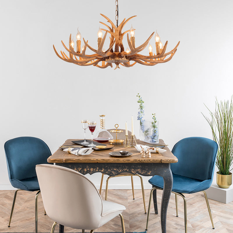 4/6/8 Heads Resin Chandelier Rustic Brown Candle Dining Room Pendant Light with Deer Antler Clearhalo 'Ceiling Lights' 'Chandeliers' Lighting' options 234052