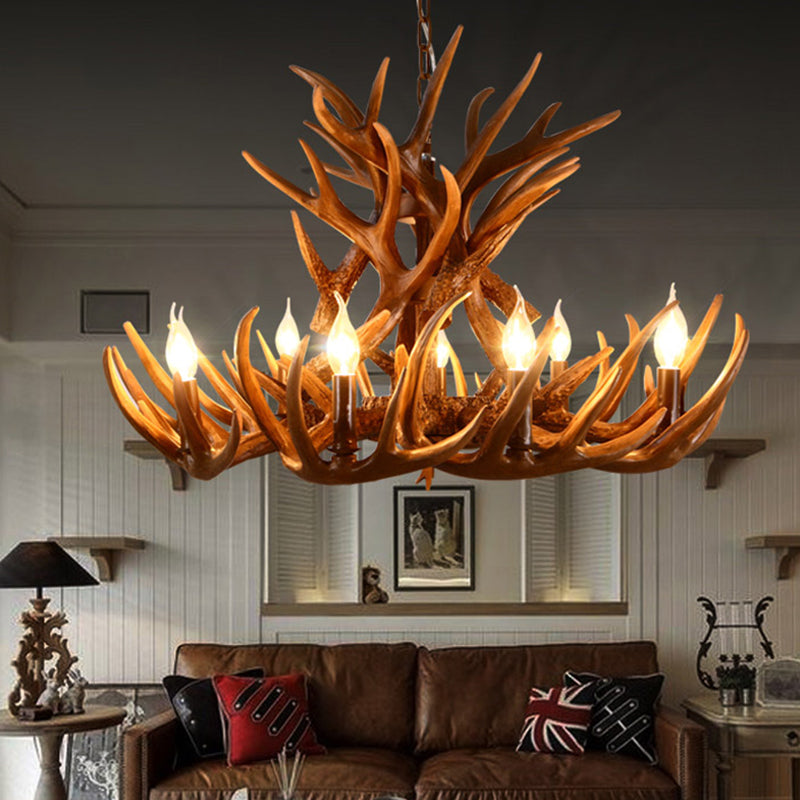 Resin Candelabra Chandelier Lamp Rural 9-Head Restaurant Pendant Ceiling Light in Brown Brown Clearhalo 'Ceiling Lights' 'Chandeliers' Lighting' options 234076_c03c7ff5-0586-4fed-a565-8b19ca3d5f6a