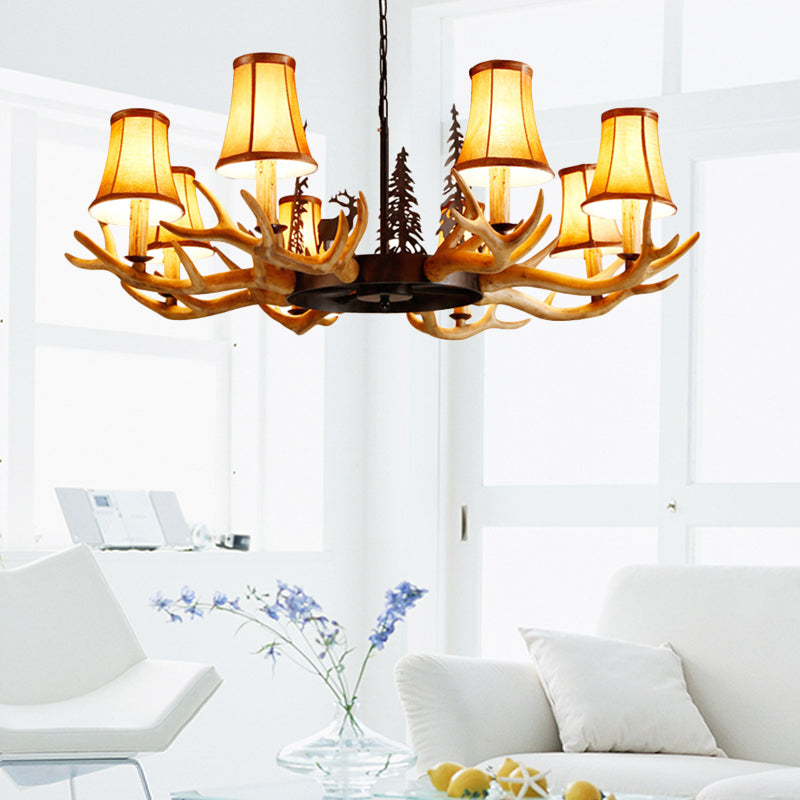 Coffee Paneled Bell Pendant Chandelier Rural Resin 8 Heads Dining Room Hanging Ceiling Light with Pine Tree Element Clearhalo 'Ceiling Lights' 'Chandeliers' Lighting' options 234099