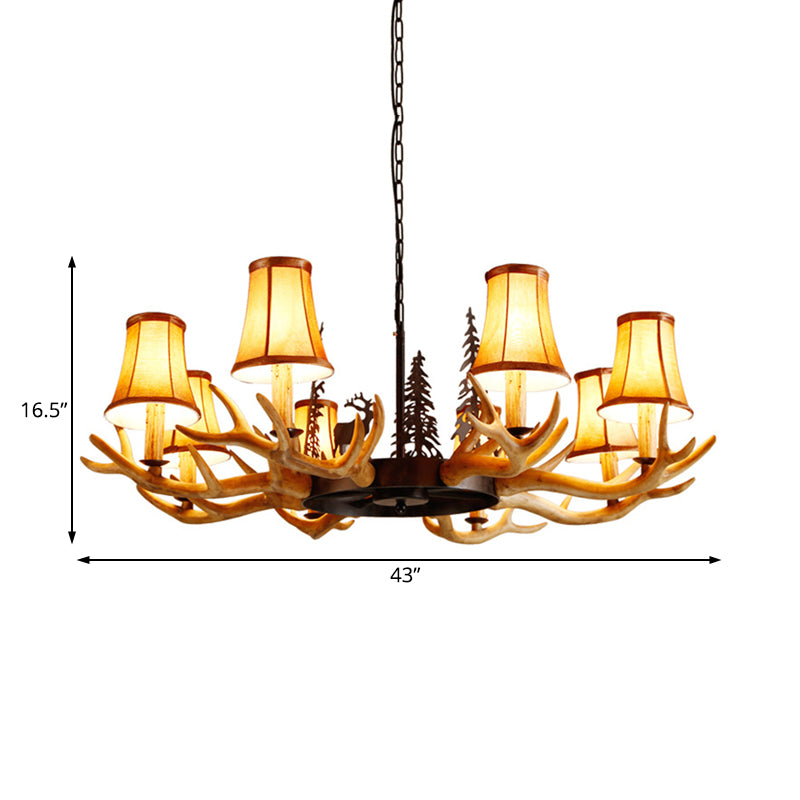 Coffee Paneled Bell Pendant Chandelier Rural Resin 8 Heads Dining Room Hanging Ceiling Light with Pine Tree Element Clearhalo 'Ceiling Lights' 'Chandeliers' Lighting' options 234101