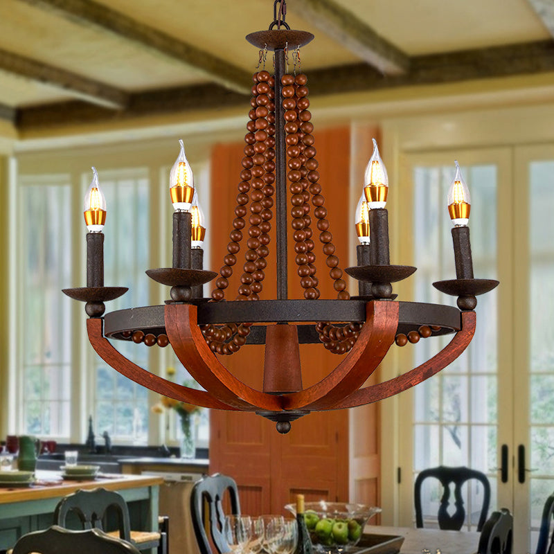 Rustic Candle Hanging Pendant 6 Lights Wooden Ceiling Chandelier in Red for Dining Room Clearhalo 'Ceiling Lights' 'Chandeliers' Lighting' options 234107