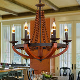 Rustic Candle Hanging Pendant 6 Lights Wooden Ceiling Chandelier in Red for Dining Room Clearhalo 'Ceiling Lights' 'Chandeliers' Lighting' options 234107