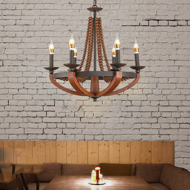 Rustic Candle Hanging Pendant 6 Lights Wooden Ceiling Chandelier in Red for Dining Room Clearhalo 'Ceiling Lights' 'Chandeliers' Lighting' options 234108