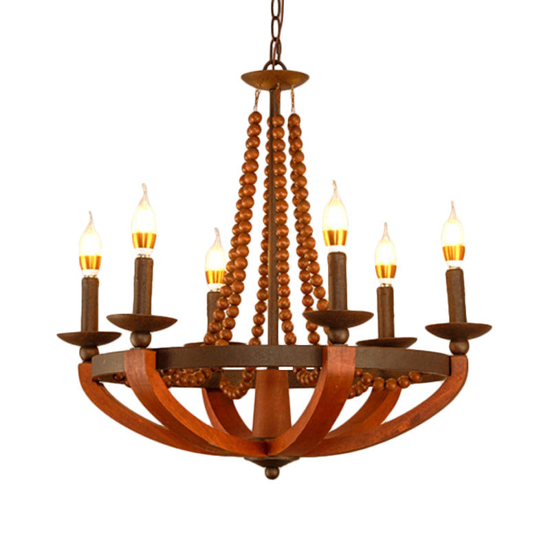 Rustic Candle Hanging Pendant 6 Lights Wooden Ceiling Chandelier in Red for Dining Room Clearhalo 'Ceiling Lights' 'Chandeliers' Lighting' options 234109