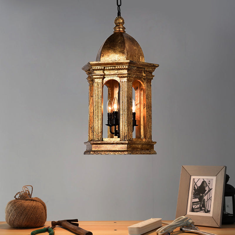 3 Lights Metal Chandelier Lamp Vintage Gold Lantern Bar Adjustable Down Lighting Pendant Clearhalo 'Ceiling Lights' 'Chandeliers' Lighting' options 234111