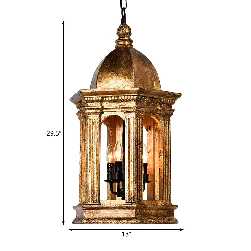 3 Lights Metal Chandelier Lamp Vintage Gold Lantern Bar Adjustable Down Lighting Pendant Clearhalo 'Ceiling Lights' 'Chandeliers' Lighting' options 234114