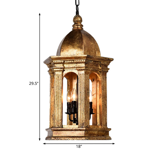 3 Lights Metal Chandelier Lamp Vintage Gold Lantern Bar Adjustable Down Lighting Pendant Clearhalo 'Ceiling Lights' 'Chandeliers' Lighting' options 234114