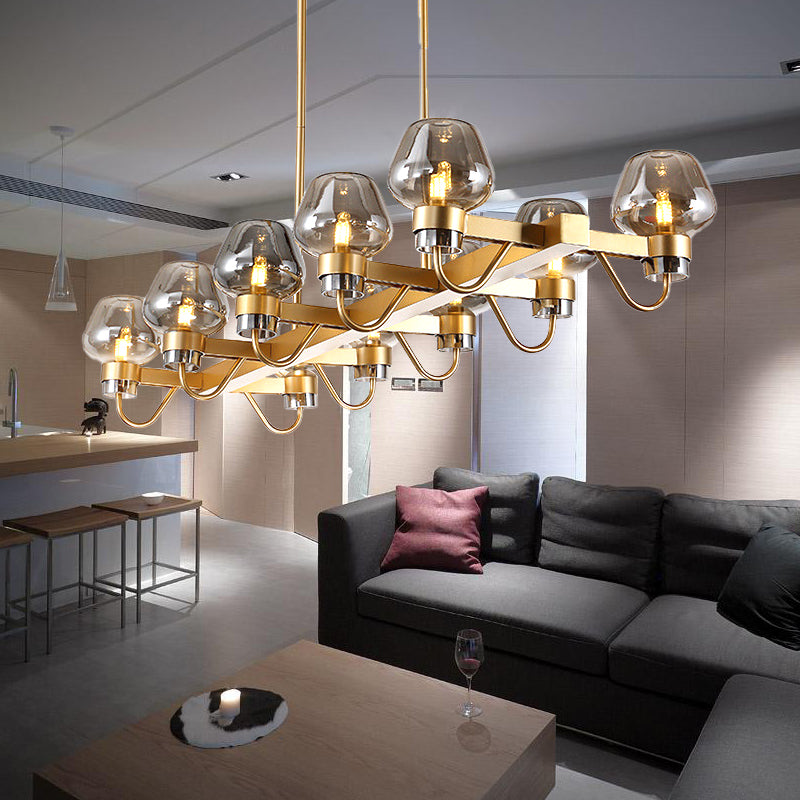 10 Bulbs Cup Island Lamp Contemporary Clear/Amber/Smoke Glass Suspended Lighting Fixture in Black/Brass for Bedroom Brass Smoke Grey Clearhalo 'Ceiling Lights' 'Glass shade' 'Glass' 'Island Lights' 'Pendant Lights' Lighting' 234129