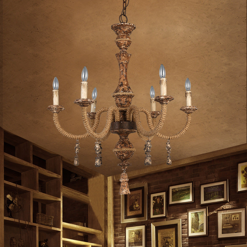 Candelabra Metal Ceiling Light Rustic 6-Bulb Living Room Pendant Chandelier in Brown Brown Clearhalo 'Ceiling Lights' 'Chandeliers' Lighting' options 234135_25b7b276-1f3e-4b37-8442-c71dbf559795