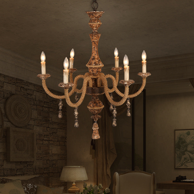 Candelabra Metal Ceiling Light Rustic 6-Bulb Living Room Pendant Chandelier in Brown Clearhalo 'Ceiling Lights' 'Chandeliers' Lighting' options 234136