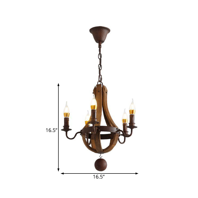 Rust 5 Lights Chandelier Lighting Rustic Wooden Basket Pendant Lamp for Restaurant, 16.5"/19.5" Wide Clearhalo 'Ceiling Lights' 'Chandeliers' Lighting' options 234145