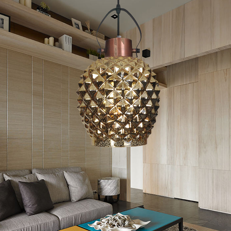 1 Bulb Pineapple Pendant Lighting Colonial Copper/Chrome/Gold Glass Hanging Light Fixture for Bedroom Gold Clearhalo 'Ceiling Lights' 'Glass shade' 'Glass' 'Pendant Lights' 'Pendants' Lighting' 234177